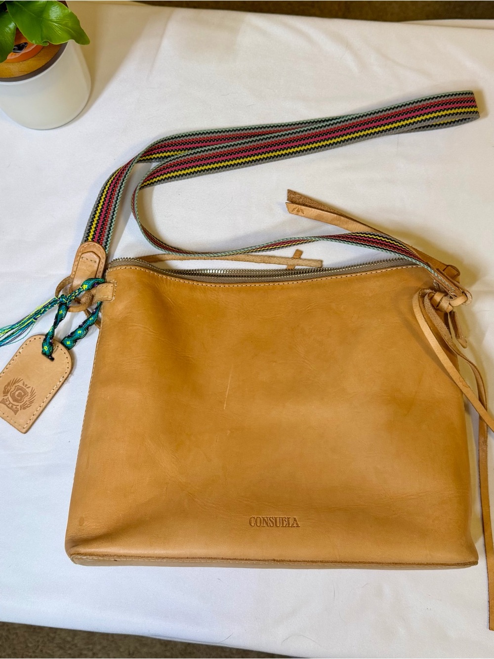 Consuela Natural Leather Crossbody Purse | Colorful Strap | Pre-Owned